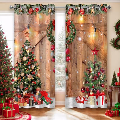 Farmhouse Christmas Blackout Window Curtains Set - Rustic Pine Tree Snowflake Decor, 52x96 Inches, 2 Panels, Variation Christmas-2