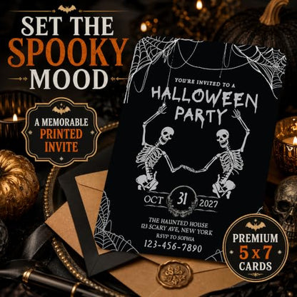 Personalized Halloween Party Invitations with Envelopes, 24 Pack - Thick 5x7 Spooky Skeletons & Cobweb Design
