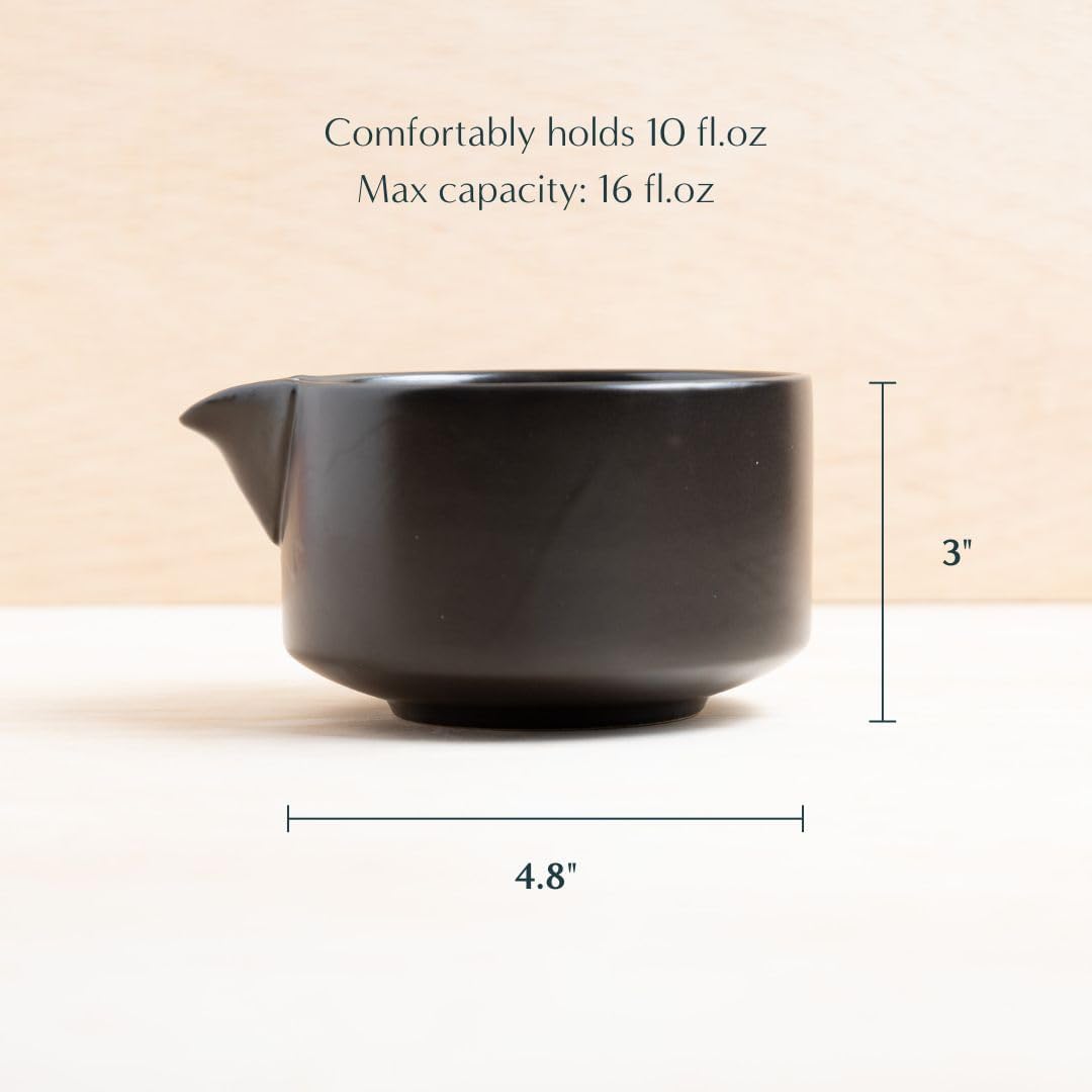 Naoki Matcha Ceramic Chawan Tea Bowl Set - Handmade Black Matte Glaze with Pour Spout - 18 Ounce Capacity