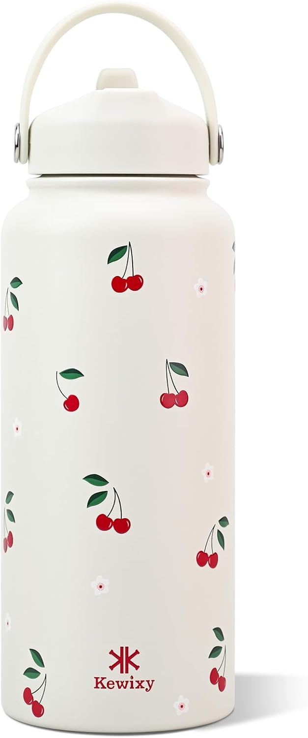 Skiennix 32 oz Insulated Water Bottle - Leak Proof Stainless Steel with Flip Straw & Handle | Cream Cherry