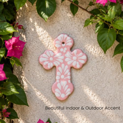 Mini Talavera Cross Wall Decor - Hand-Painted Mexican Ceramic Cross Pink