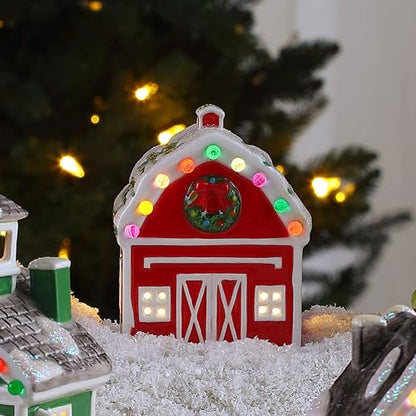 Mr. Christmas 5 Inch Ceramic Village Barn LED Holiday Decoration - Variation Barn