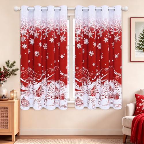 Red Christmas Curtains for Living Room 52 x 63 Inches Snowflake Holiday Drapes - Pack of 2