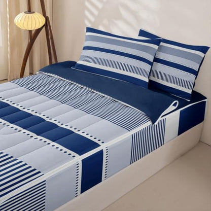 Kids Full Navy Blue Striped Zipper Bedding Set with Comforter & Pillowcases