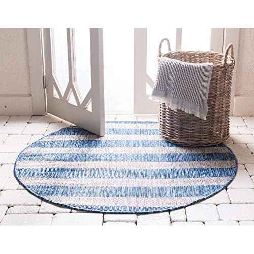 Unique Loom Outdoor Striped Collection Area Rug - Distressed Stripe (4' 1" Round, Blue/ Gray)