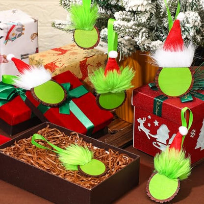 24 Pack Christmas Green Monster Ornaments - Wooden Hanging Holiday Decor