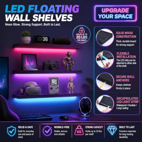 31.5 Inch Solid Wood RGB LED Floating Shelves with Remote - Black