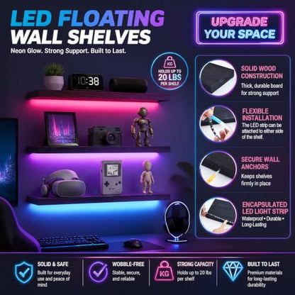 31.5 Inch Solid Wood RGB LED Floating Shelves with Remote - Black