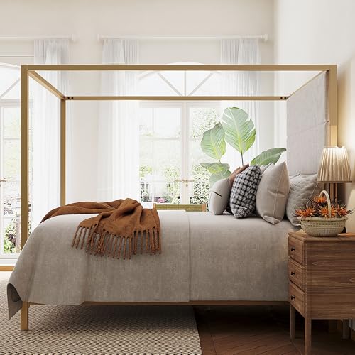 King Canopy Bed with Tall Linen Headboard and Gold Metal Frame - Tan & Gold, King Size