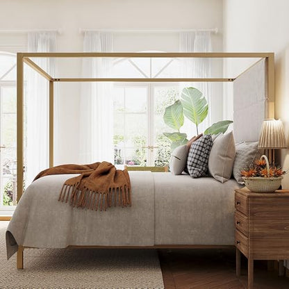 King Canopy Bed with Tall Linen Headboard and Gold Metal Frame - Tan & Gold, King Size