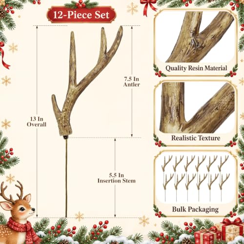 Reindeer Christmas Decor Set - Resin Antler Tree Picks, 12 Pieces