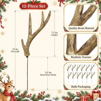 Reindeer Christmas Decor Set - Resin Antler Tree Picks, 12 Pieces