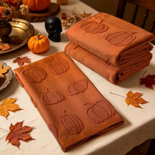 Fall Pumpkin Hand Towels Set - Rust Cotton Jacquard Kitchen & Bathroom Decor