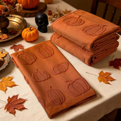 Fall Pumpkin Hand Towels Set - Rust Cotton Jacquard Kitchen & Bathroom Decor