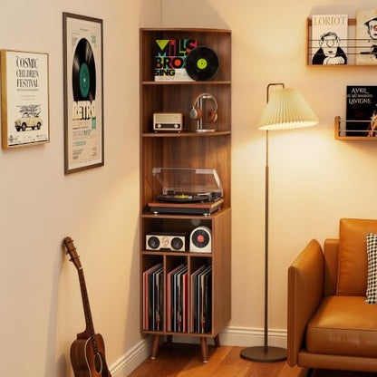 Tall Walnut Corner Record Player Stand with 5-Tier Storage - 67"