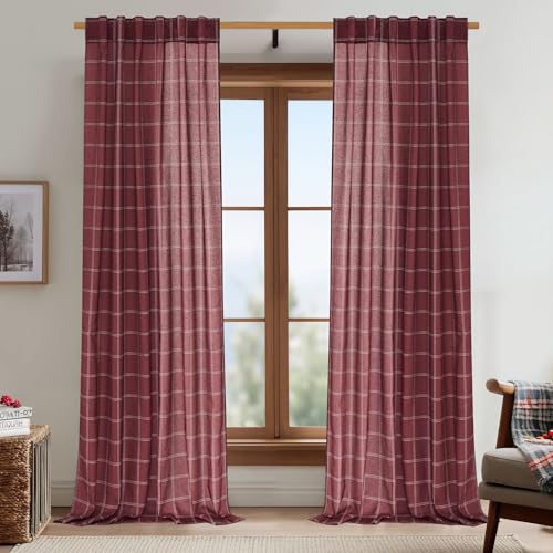 NICETOWN Buffalo Plaid Light Filtering Window Curtains - 52W x 108L Burgundy Red, Pack of 2, Diagonal Check