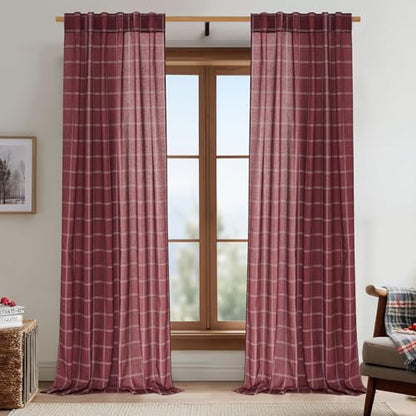 NICETOWN Buffalo Plaid Light Filtering Window Curtains - 52W x 108L Burgundy Red, Pack of 2, Diagonal Check