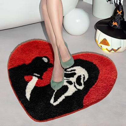 Halloween Ghost Shaped Rug with Plush Tufted Surface and Non-Slip Backing - Irregular Size with Variation Skull Hearts