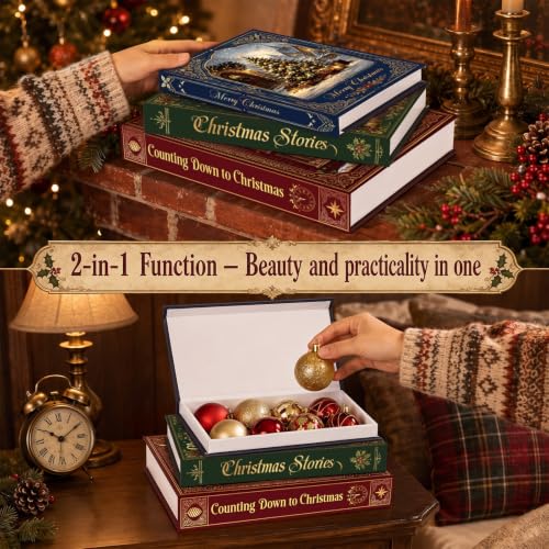 Christmas Faux Book Storage Boxes Set - 3 Decorative Holiday Book Boxes - Variation of Christmas