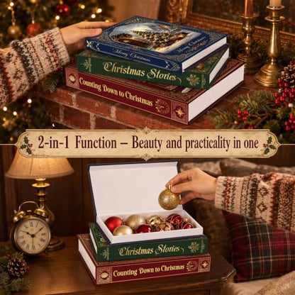 Christmas Faux Book Storage Boxes Set - 3 Decorative Holiday Book Boxes - Variation of Christmas
