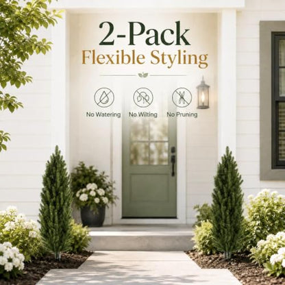 Artificial Pine Plants 35 Inch Set with Stainless Steel Stakes - Realistic Outdoor Garden Decor