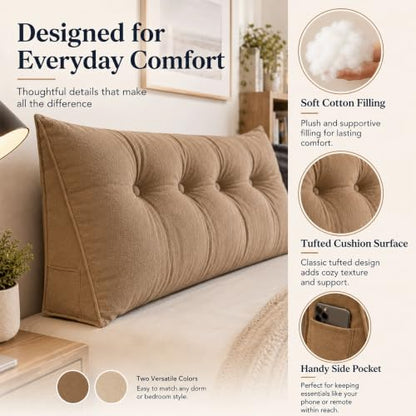 Linen Tone Velvet Twin XL Dorm Headboard Pillow with Wedge Cushion - 23.6 x 19.7 x 7.9 in