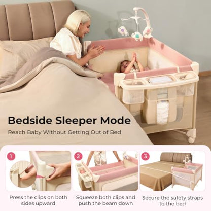 Pamo Babe 5-in-1 Portable Bedside Crib Playard with Mattress - Pink