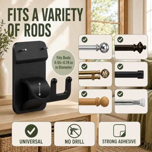 Black 8-Pack No Drill Curtain Rod Brackets with 30 lb Support - Dual-Lock Hooks