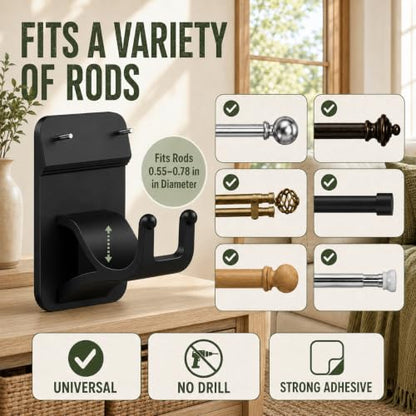 Black 8-Pack No Drill Curtain Rod Brackets with 30 lb Support - Dual-Lock Hooks