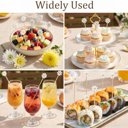100pcs Bamboo Flower Toothpicks with White Daisy Design for Food & Party Decor