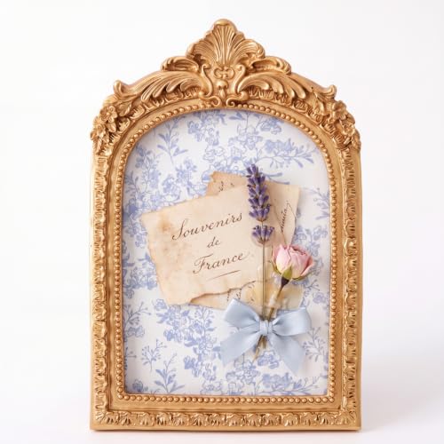 Mini Vintage Bulletin Board with Floral Fabric - Gold Arched Picture Frame for Wall & Desktop