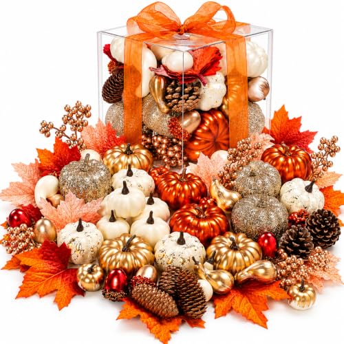 Fall Pumpkin Decor Set with Gold, Silver, White Artificial Pumpkins & Autumn Accessories - 52 Pieces