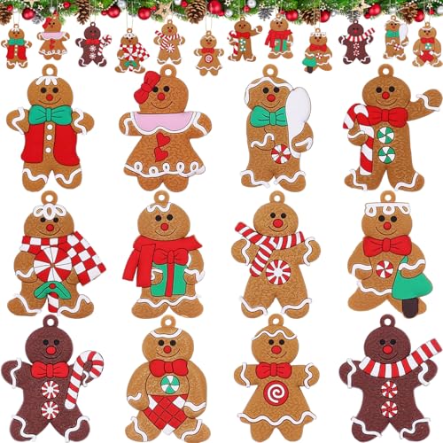 Gingerbread Man Christmas Ornaments Set - 12 Plastic Holiday Decorations