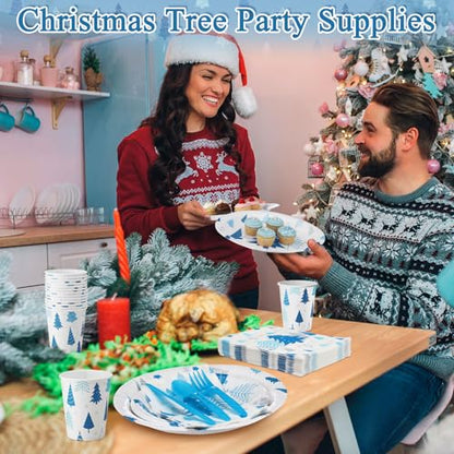 Pickmesh 400 Pcs Blue Silver Christmas Party Plates Cups Napkins Cutlery Set for 50 Guests