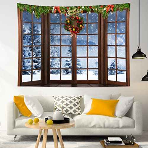 Christmas Snow Forest Wall Tapestry with Brown Window - Winter Landscape Decor 70.9 x 92.5 inches Variation of THIS listing