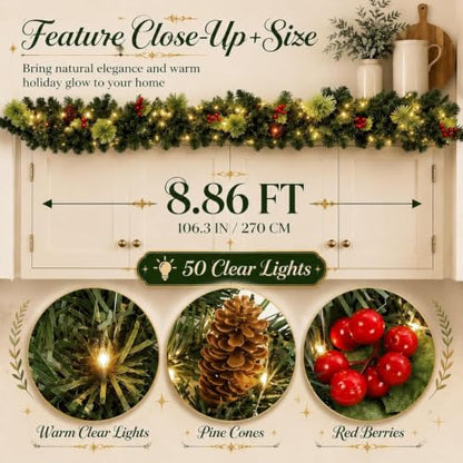 9FT Christmas Garland with Lights for Above Cabinets - Holiday Decor