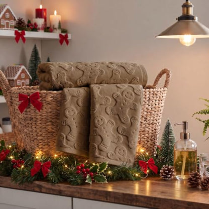 Artoid Mode 3 Pcs Brown 3D Gingerbread Man Jacquard Hand Towels - Christmas Bathroom Decor, 13.7 x 29.5 Inches