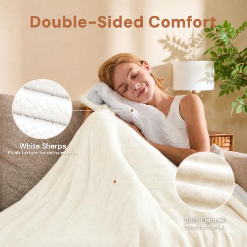 Electric Blanket 50x60 Inches Flannel and Sherpa Heated Throw - White