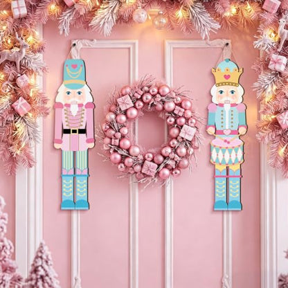 Pastel Christmas Nutcracker Door Sign Set - Pink Wooden Holiday Decorations
