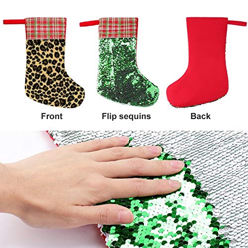 Reversible Sequin Christmas Stocking with Animal Leopard Design - Holiday Decor Gift Bag