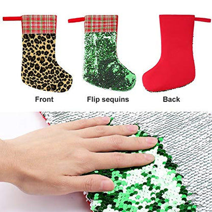 Reversible Sequin Christmas Stocking with Animal Leopard Design - Holiday Decor Gift Bag