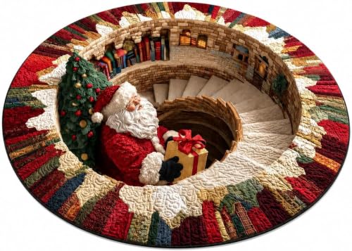 3D Optical Illusion Christmas Rug - Santa Vortex Round Floor Mat, 31.5 Inch Festive Decor