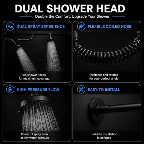 Matte Black Dual Shower Head for Two People - Adjustable & 3 Spray Modes
