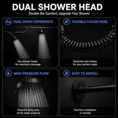 Matte Black Dual Shower Head for Two People - Adjustable & 3 Spray Modes