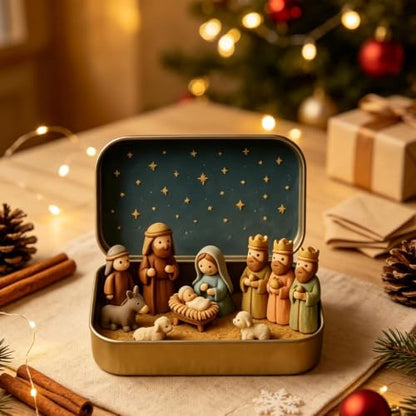 Mini Nativity Scene Set in Tin Box - Handcrafted Holy Family Figurines - Portable Christmas Decor - Variation #a