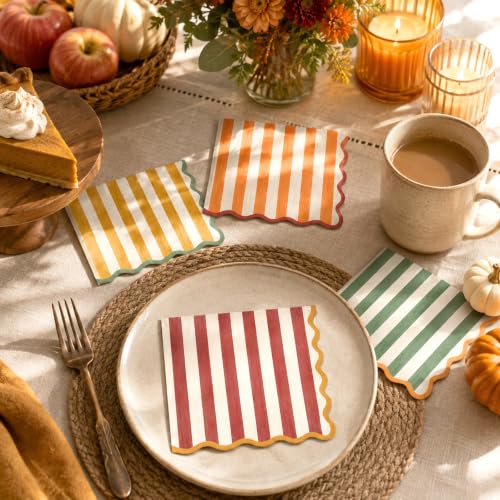 Fall Cocktail Napkins Set 100pcs Vintage Striped Scalloped Edges