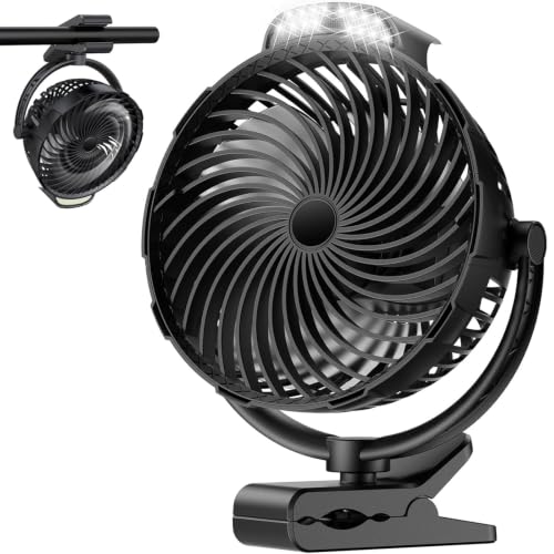 Rechargeable Clip-On Fan with LED Light - 8-Inch, 9 Speeds, 30H Run, Black
