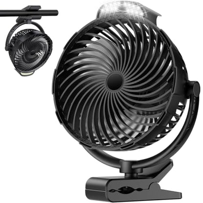 Rechargeable Clip-On Fan with LED Light - 8-Inch, 9 Speeds, 30H Run, Black
