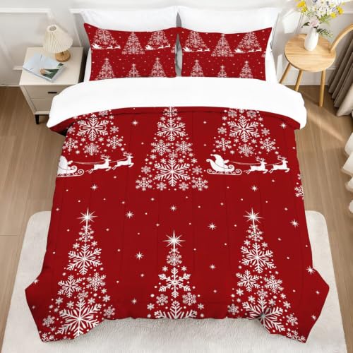 Queen Christmas Tree Comforter Set with Santa Snowflakes Kids Bedroom Decor - CERYUEE