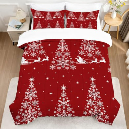 Queen Christmas Tree Comforter Set with Santa Snowflakes Kids Bedroom Decor - CERYUEE